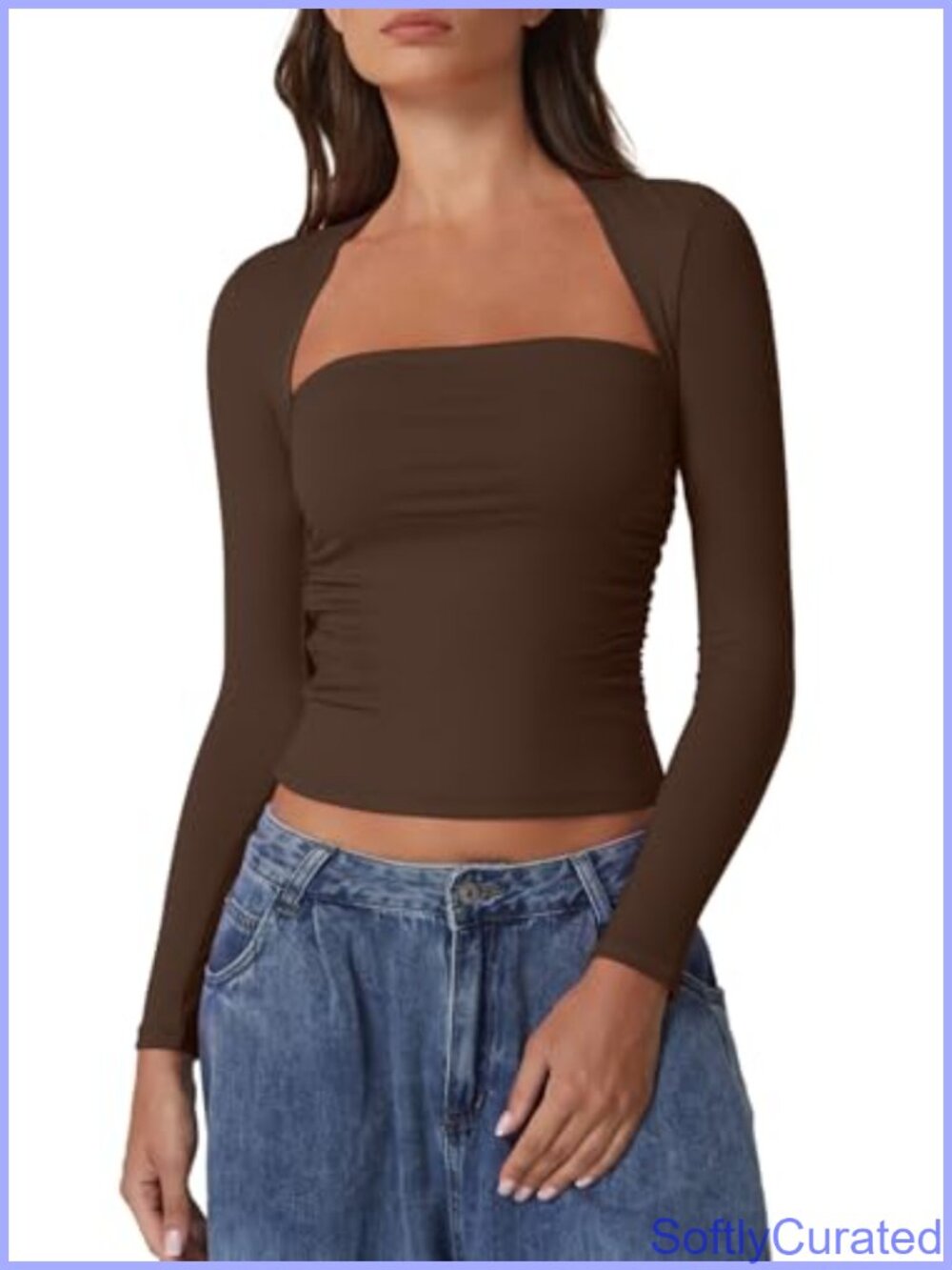 Double Lined Square Neck Long Sleeve Crop Top Side Ruching Slim Fit
